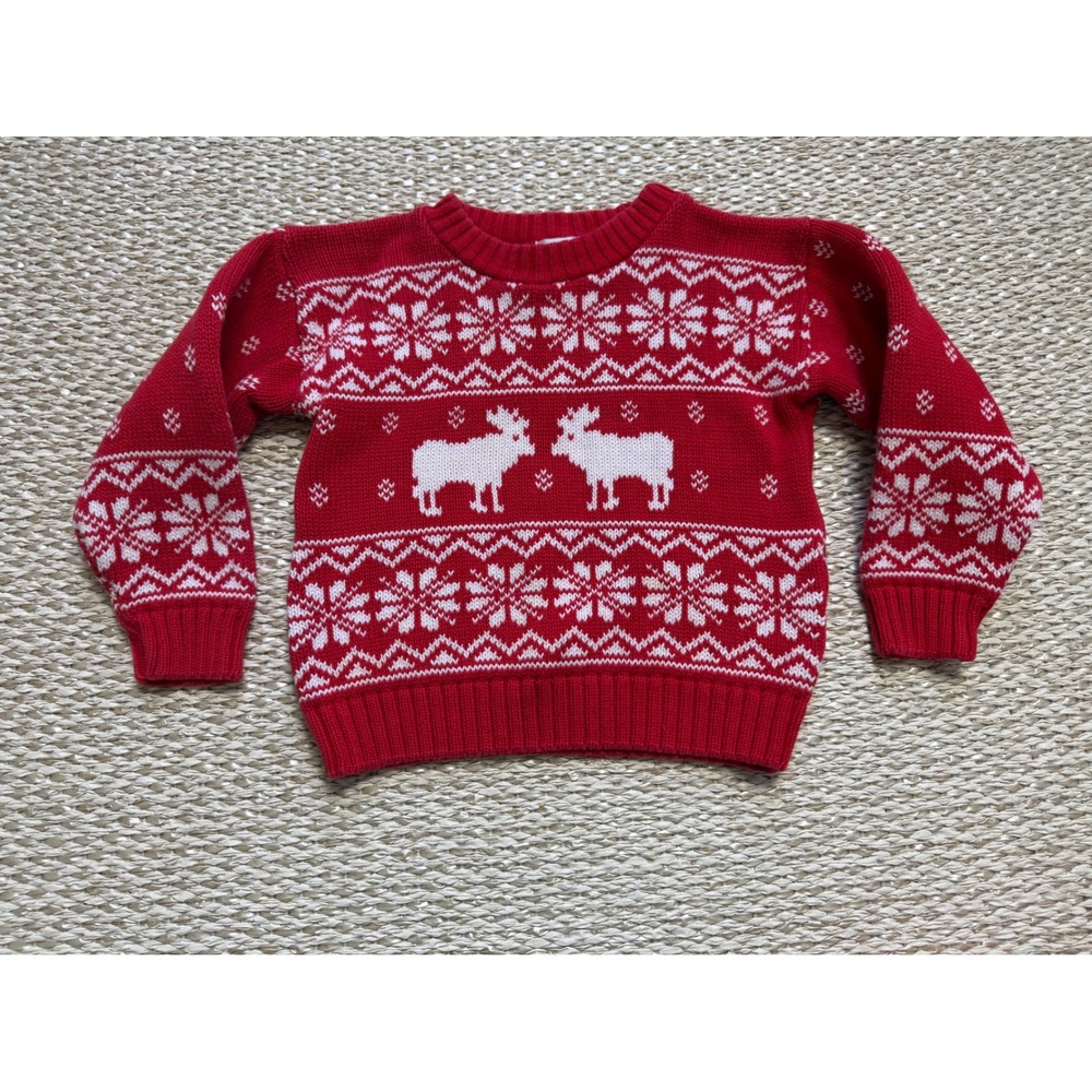 Kitestrings‎ Vintage Red Fair Isle Moose Knit Sweater Toddler 2T USA Made